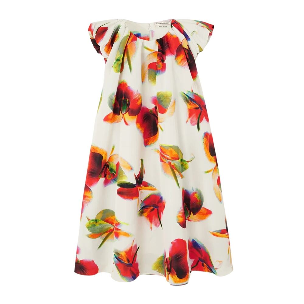 Alexander Mcqueen Gathered White Orchid Print Faille Mini Dress Size IT 40 / US